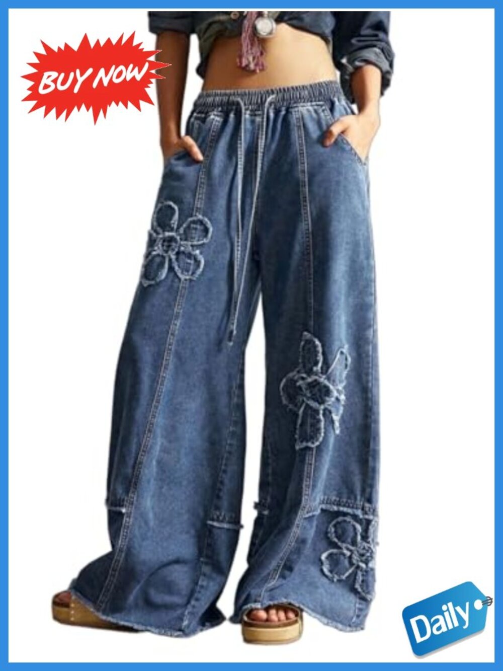 Wide Leg High Waist Distressed Floral Denim Jeans Drawstring Baggy